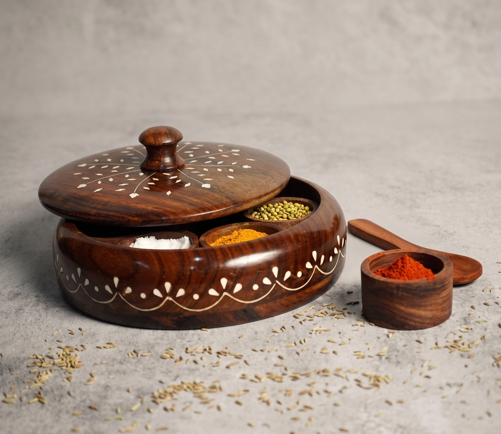 Round Wooden Spice Box